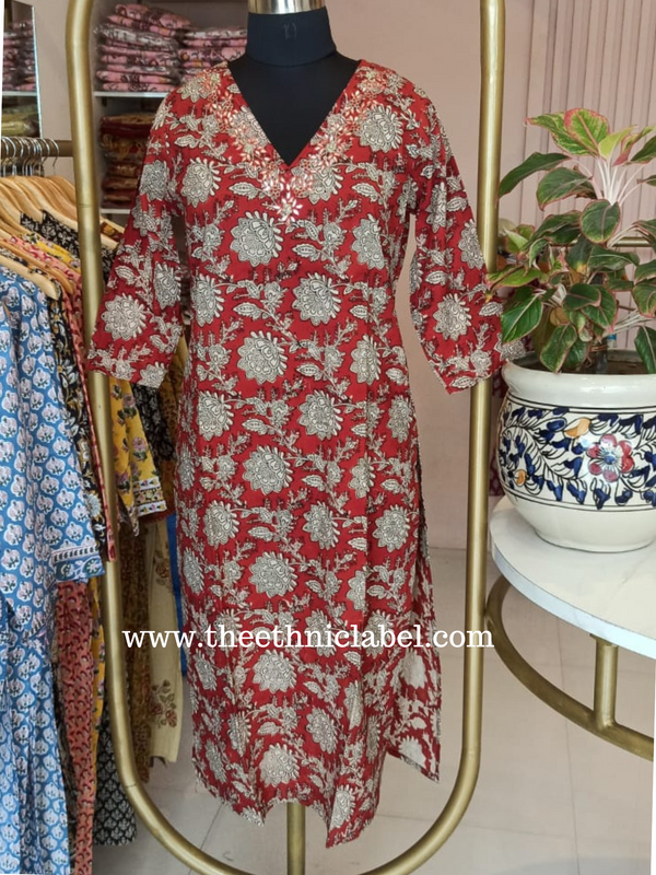 "Mandira" Hand Embroidered Block Printed Cotton kurta