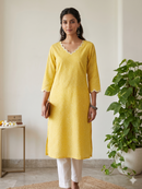 Saransh Scalloped Printed Yellow Cotton kurta