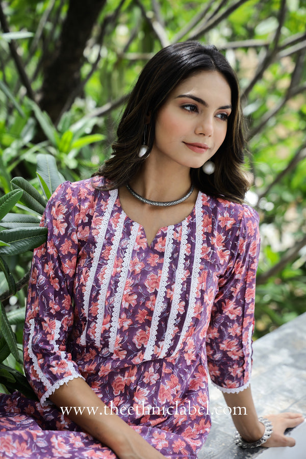 "Aina" Purple Laced Cotton Kurta