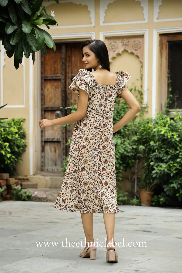 "Erika" Beige Frilled Cotton Dress