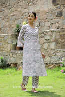 "Sakhi" Grey Hand block printed Cotton Kurta Pant Set(2 pc)