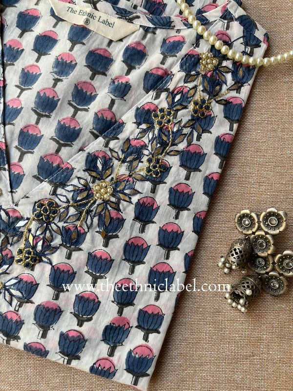 "Rehmat" Hand Embroidered Block Printed Cotton kurta