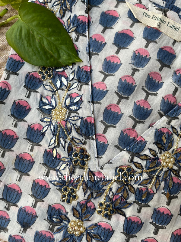 "Rehmat" Hand Embroidered Block Printed Cotton kurta