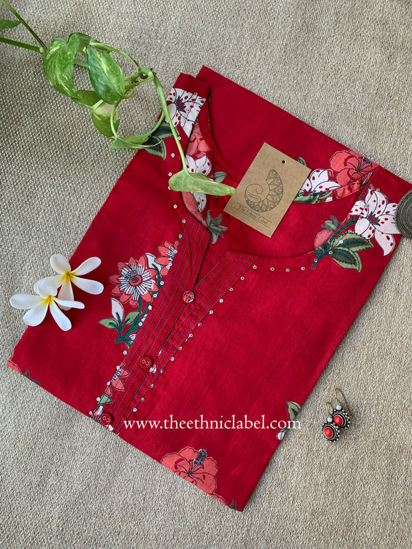 "Snehal" Red Block Printed Floral Cotton kurta