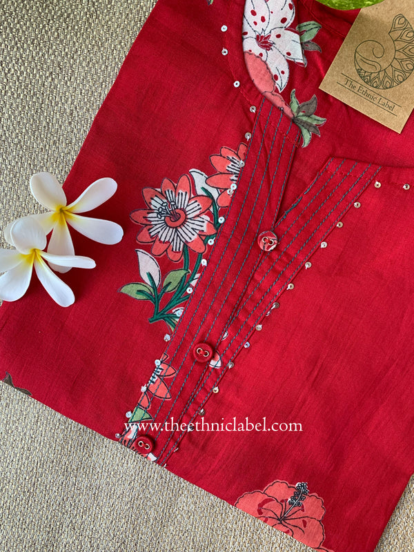 "Snehal" Red Block Printed Floral Cotton kurta