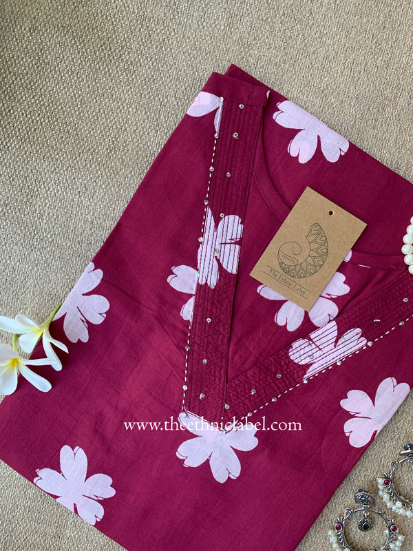 "Tulika" Wine Floral Pure Cotton Kurta