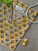 "Mehrab" Hand Embroidered Block Printed Yellow Cotton kurta