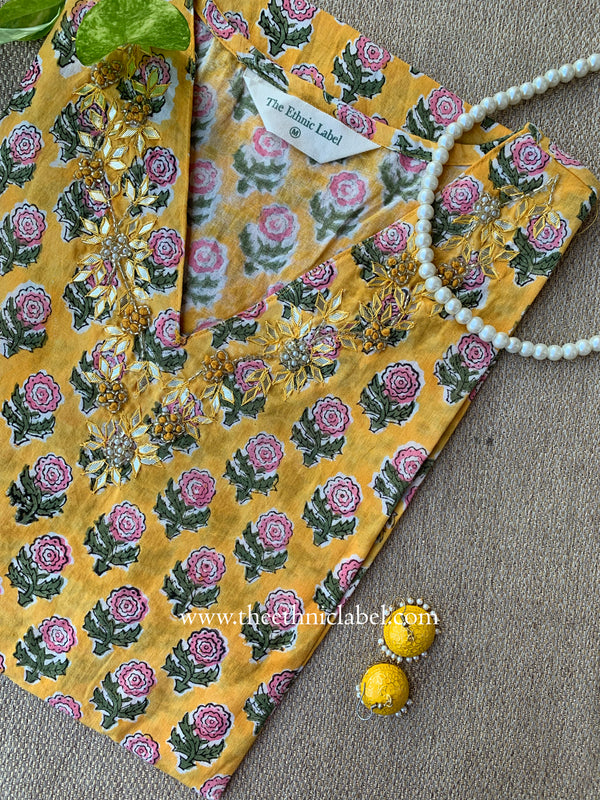 "Mehrab" Hand Embroidered Block Printed Yellow Cotton kurta