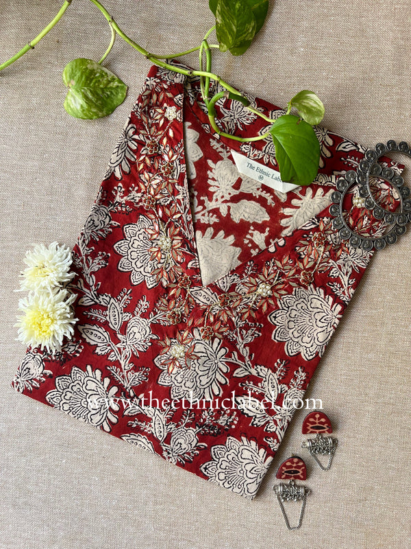 "Mandira" Hand Embroidered Block Printed Cotton kurta