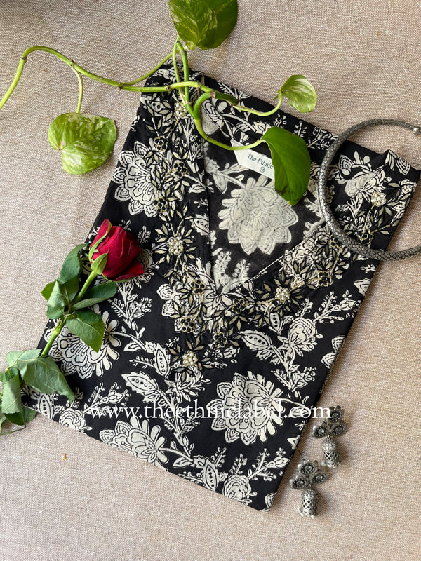 "Sapney" Hand Embroidered Block Printed Cotton kurta