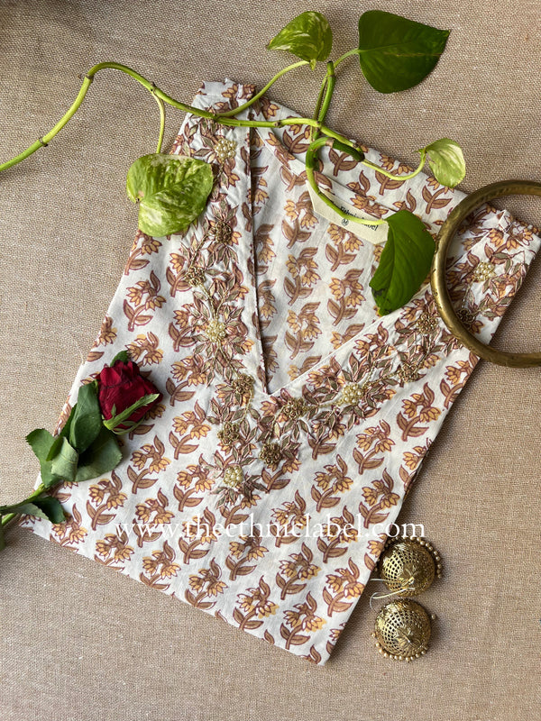 "Saheli" Hand Embroidered Block Printed Cotton kurta