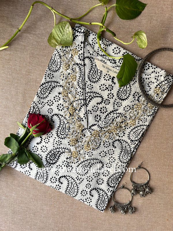 "Kairi" Hand Embroidered Block Printed Cotton kurta - XL
