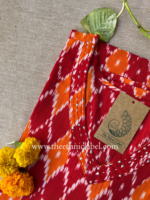 Red "Ikat" Kantha Cotton Kurta