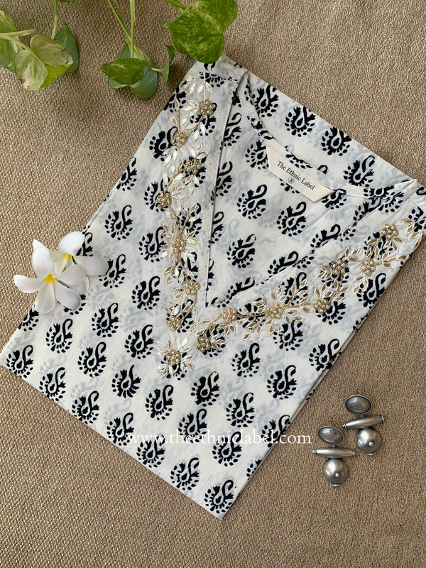 "Wafa" Hand Embroidered Block Printed Cotton kurta