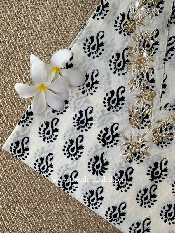 "Wafa" Hand Embroidered Block Printed Cotton kurta