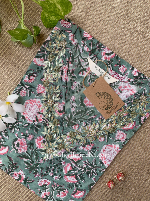 "Siksha" Hand Embroidered Block Printed Cotton kurta