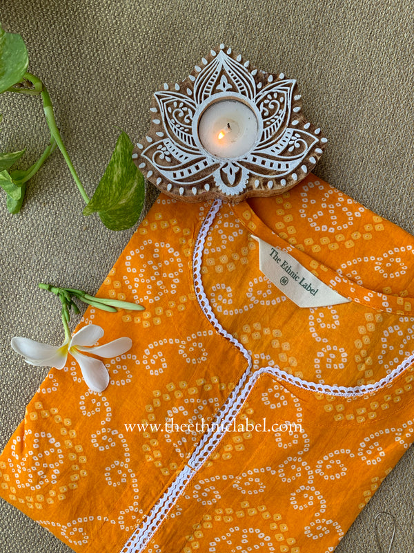 "Nadia" Bandhani Yellow Laced Cotton Kurta