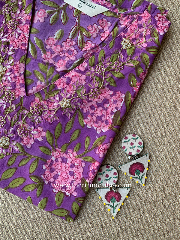 "Gulshan" Hand Block Printed Handwork Cotton kurta