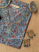 "Vaibhavi" Hand Embroidered Block Printed Cotton kurta