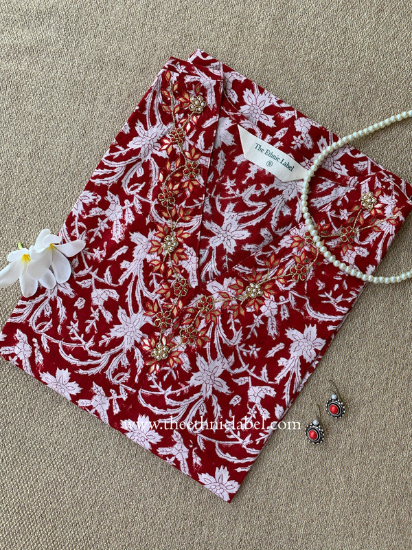 "Ruby" Hand-embroidered Block Print Cotton kurta