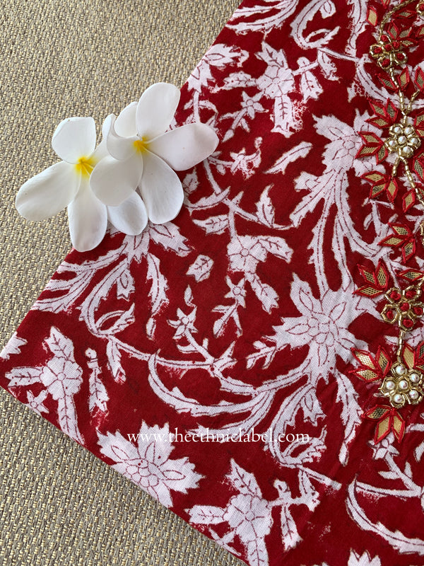 "Ruby" Hand-embroidered Block Print Cotton kurta