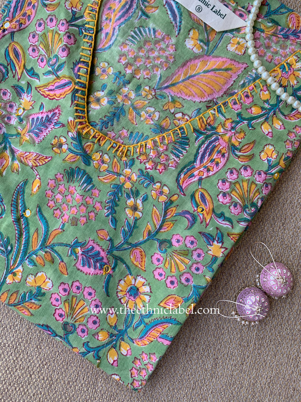 "Ojaswi" Hand-embroidered Block Print Cotton kurta