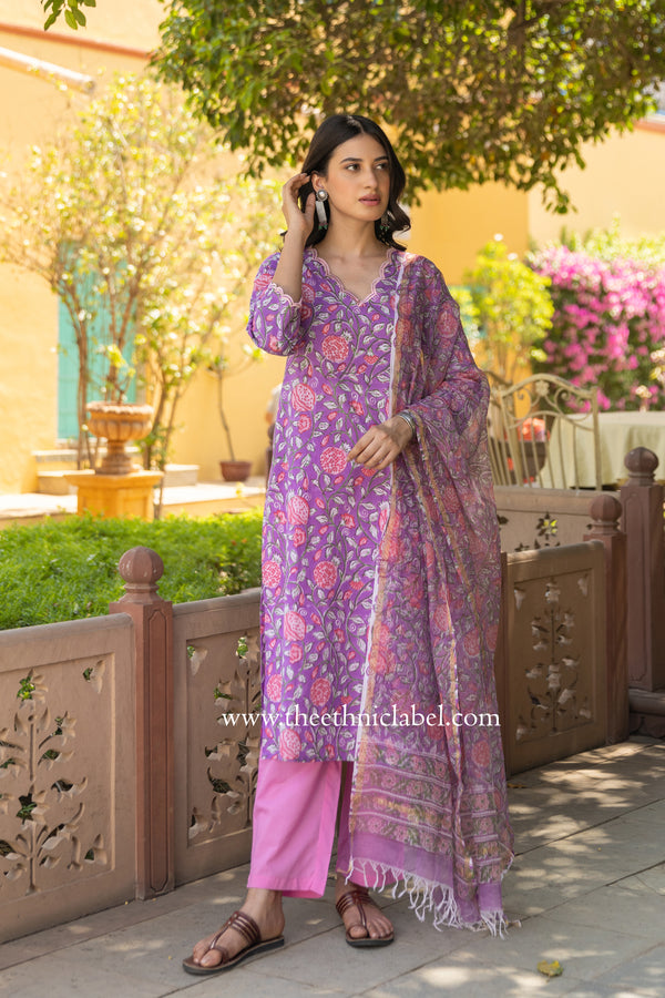 "Harleen" Hand Block Printed Scalloped Cotton kurta