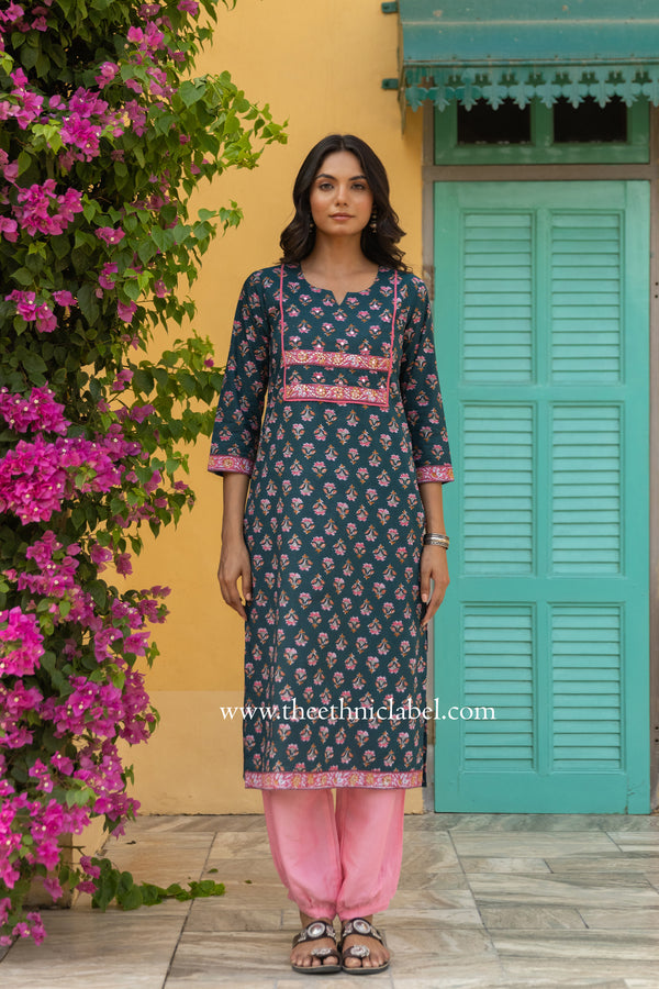 "Radhika" Hand Embroidered Cotton Kurta - XL, XXL, 3XL