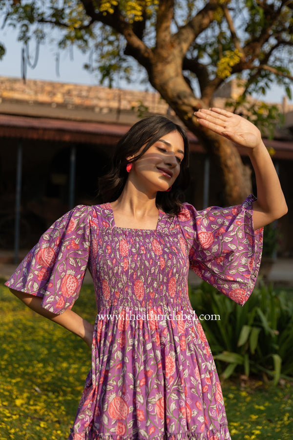 "Langkawi" Purple Hand Block Printed Tiered Cotton dress