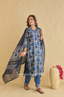 "Rooh" Indigo Hand Block Printed Chanderi Suit Set (3pc)