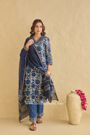 "Rooh" Indigo Hand Block Printed Chanderi Suit Set (3pc)