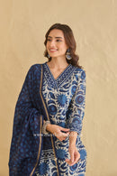 "Rooh" Indigo Hand Block Printed Chanderi Suit Set (3pc)
