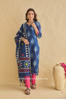 "Siyahi" Indigo Hand Block Printed Chanderi Suit Set (3pc)