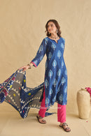 "Siyahi" Indigo Hand Block Printed Chanderi Suit Set (3pc)