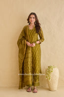 "Parizad" Green Hand Block Printed Hand Work Chanderi Suit Set (3pc)