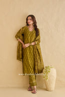 "Parizad" Green Hand Block Printed Hand Work Chanderi Suit Set (3pc)