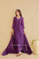 "Shaheen" Purple Hand Block Printed Handwork Chanderi Suit Set (3pc)