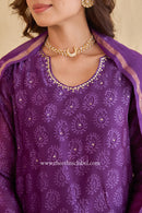 "Shaheen" Purple Hand Block Printed Handwork Chanderi Suit Set (3pc)