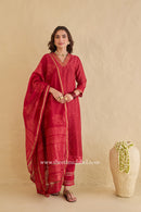 "Mehrunisa" Red Hand Block printed Chanderi Suit Set (3pc)