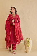 "Mehrunisa" Red Hand Block printed Chanderi Suit Set (3pc)