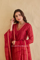 "Mehrunisa" Red Hand Block printed Chanderi Suit Set (3pc)