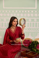 "Mehrunisa" Red Hand Block printed Chanderi Suit Set (3pc)