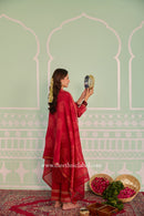 "Mehrunisa" Red Hand Block printed Chanderi Suit Set (3pc)