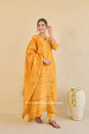 "Sunehri" Hand Block Printed Embroidered Yellow Chanderi Suit Set (3pc)