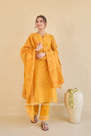 "Sunehri" Hand Block Printed Embroidered Yellow Chanderi Suit Set (3pc)