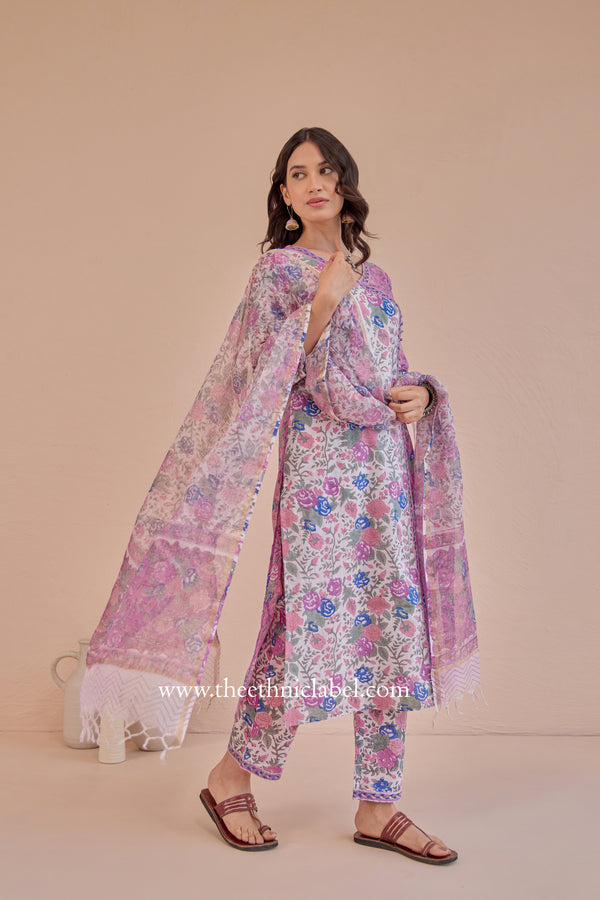 "Basera" Cotton Kurta Set with Kota Doria Dupatta(3pc)