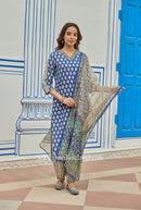 "Madhuban" Bagru Cotton Kurta Set with Kota Doria Dupatta (3pc)