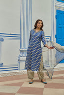 "Madhuban" Bagru Cotton Kurta Set with Kota Doria Dupatta (3pc)
