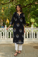"Rhea" Hand Block Printed Black Cotton kurta
