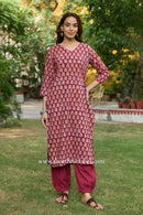 Arjahi Hand Block Printed Maroon Cotton kurta